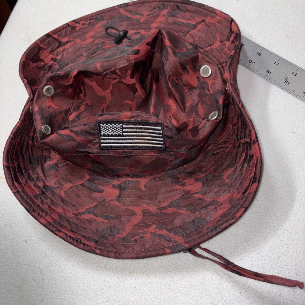American Patriot Red Camo Bucket Hat Boonie Vented Snaps Adjustable Fishing